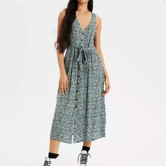 AMERICAN EAGLE Blue Floral Button Down Maxi Sleeveless Dress (L) - Picture 1 of 15